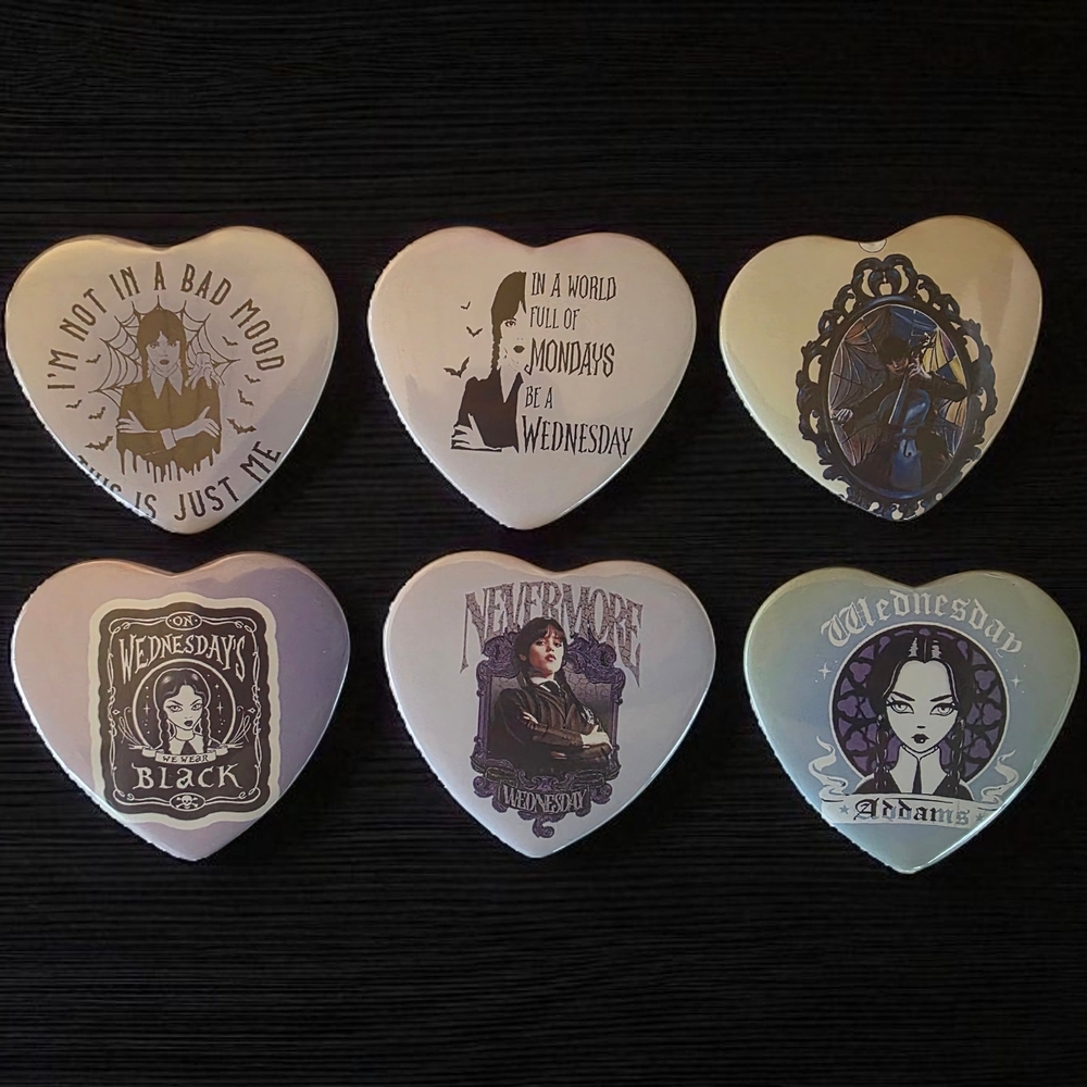 Heart-Shaped Gothic Wednesday Adams Themed Pins